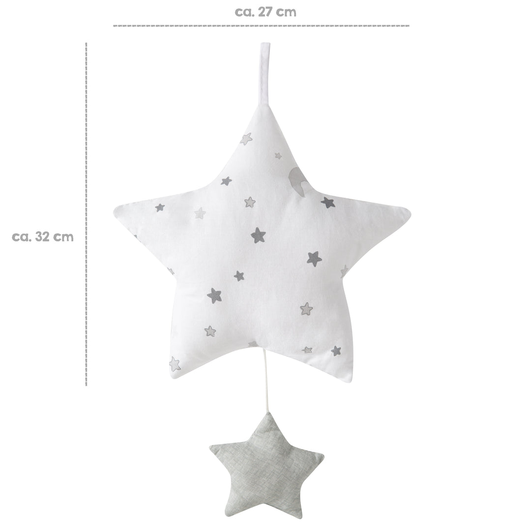 Giostrina musicale 'Sternenzauber grigio', aiuto per addormentarsi, stella in tessuto lavabile, cameretta neonati decorativo grigio/bianco – Infografica (3/11)