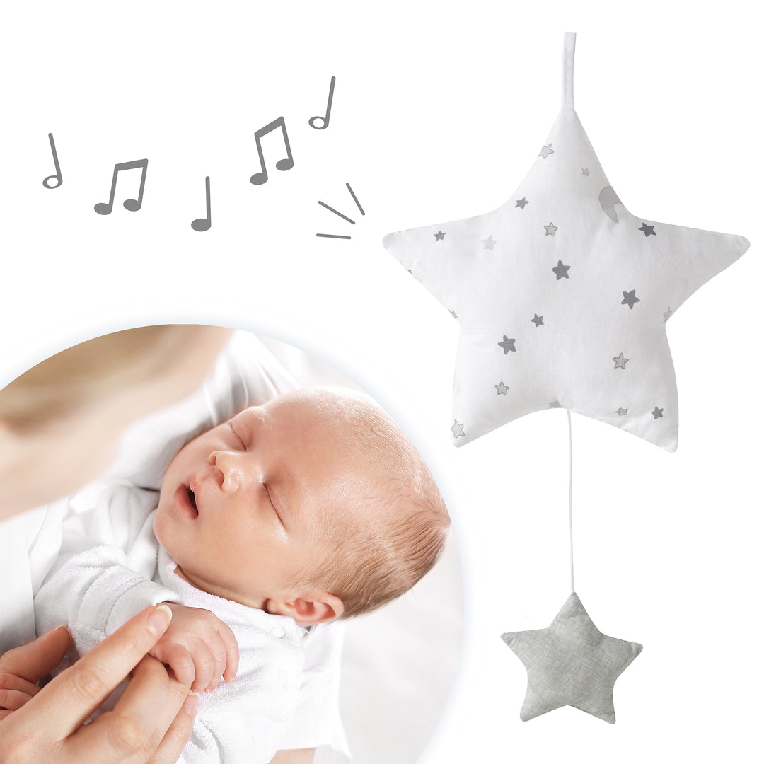Giostrina musicale 'Sternenzauber grigio', aiuto per addormentarsi, stella in tessuto lavabile, cameretta neonati decorativo grigio/bianco – Infografica (9/11)