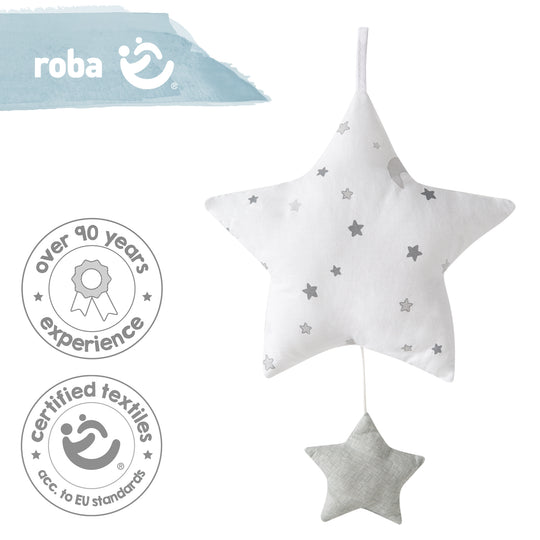 Giostrina musicale 'Sternenzauber grigio', aiuto per addormentarsi, stella in tessuto lavabile, cameretta neonati decorativo grigio/bianco – Infografica (10/11)