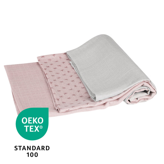 Organic 3er set pannolini 'Lil Planet' rosa/malva, tessuto in mussola, cotone biologico, GOTS, 80 x 80 cm – Infografica (8/10)