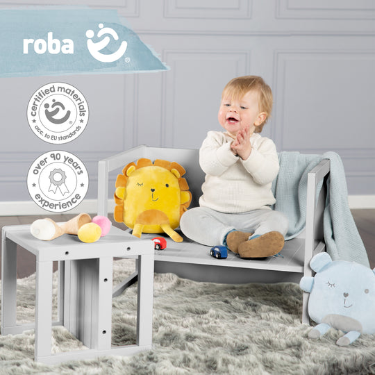 Set de mesa y sillas infantil de estilo rústico, taburete + mesa, giratorio asiento en gris – Infografía (10/11)