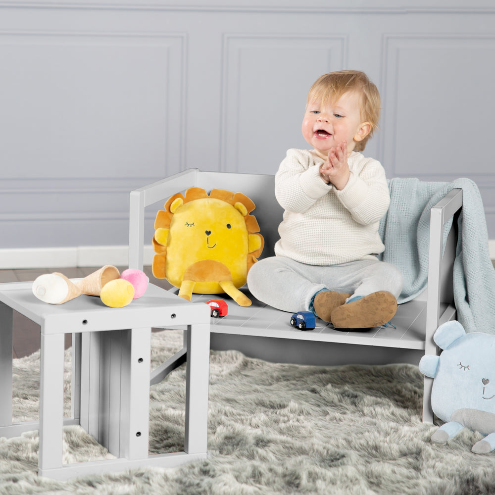 Sitzgruppe im Landhausstil für Kinder, 2 Hocker & eine zum Tisch umwandelbarer Kinderbank, grau – Milieubild (2/9)