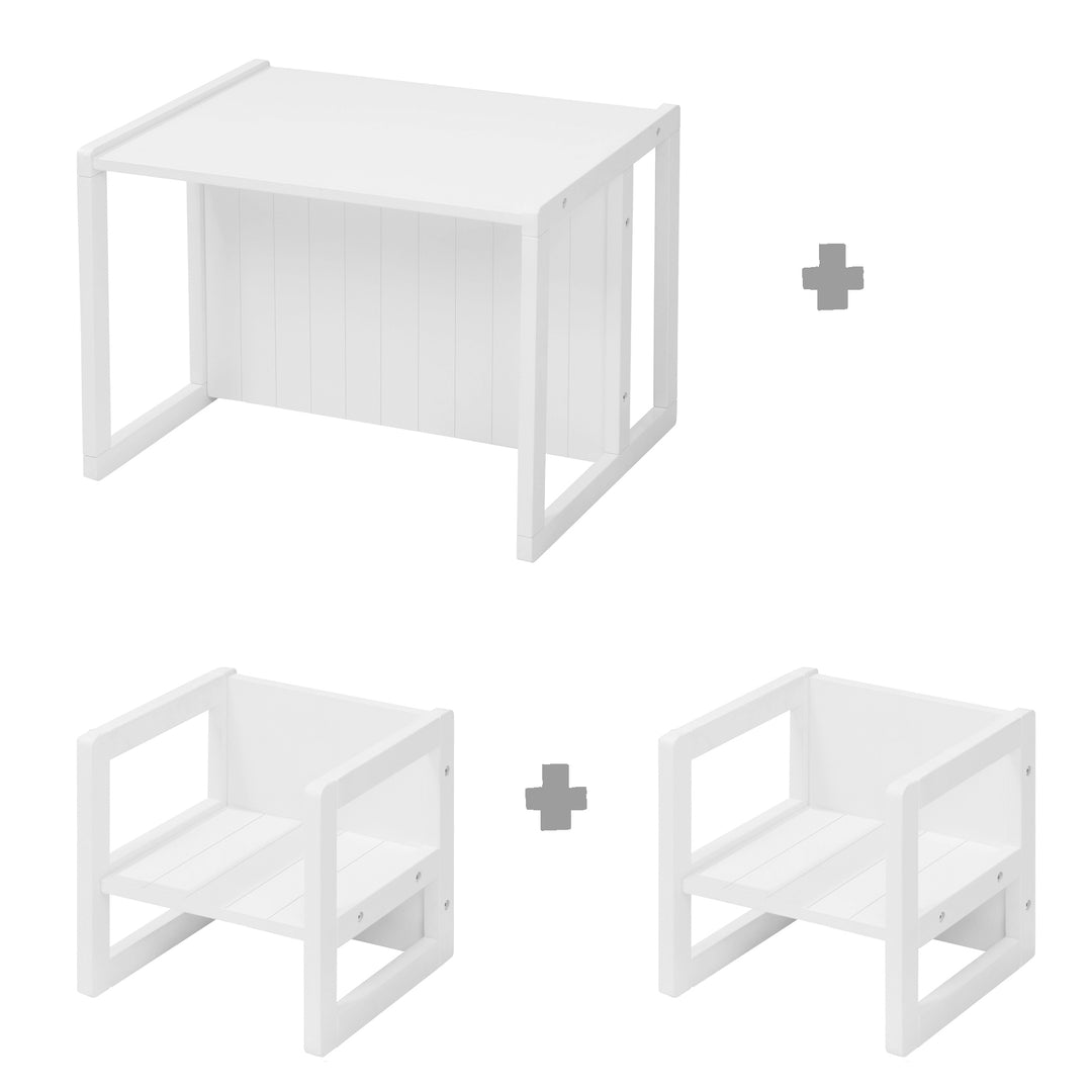 Sitzgruppe im Landhausstil für Kinder, 2 Hocker & eine zum Tisch umwandelbarer Kinderbank, weiß – Freisteller (1/14)