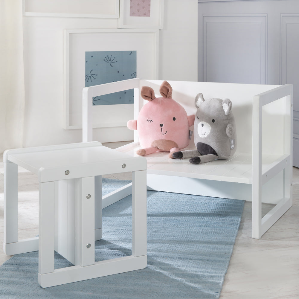 Sitzgruppe im Landhausstil für Kinder, 2 Hocker & eine zum Tisch umwandelbarer Kinderbank, weiß – Milieubild (2/14)