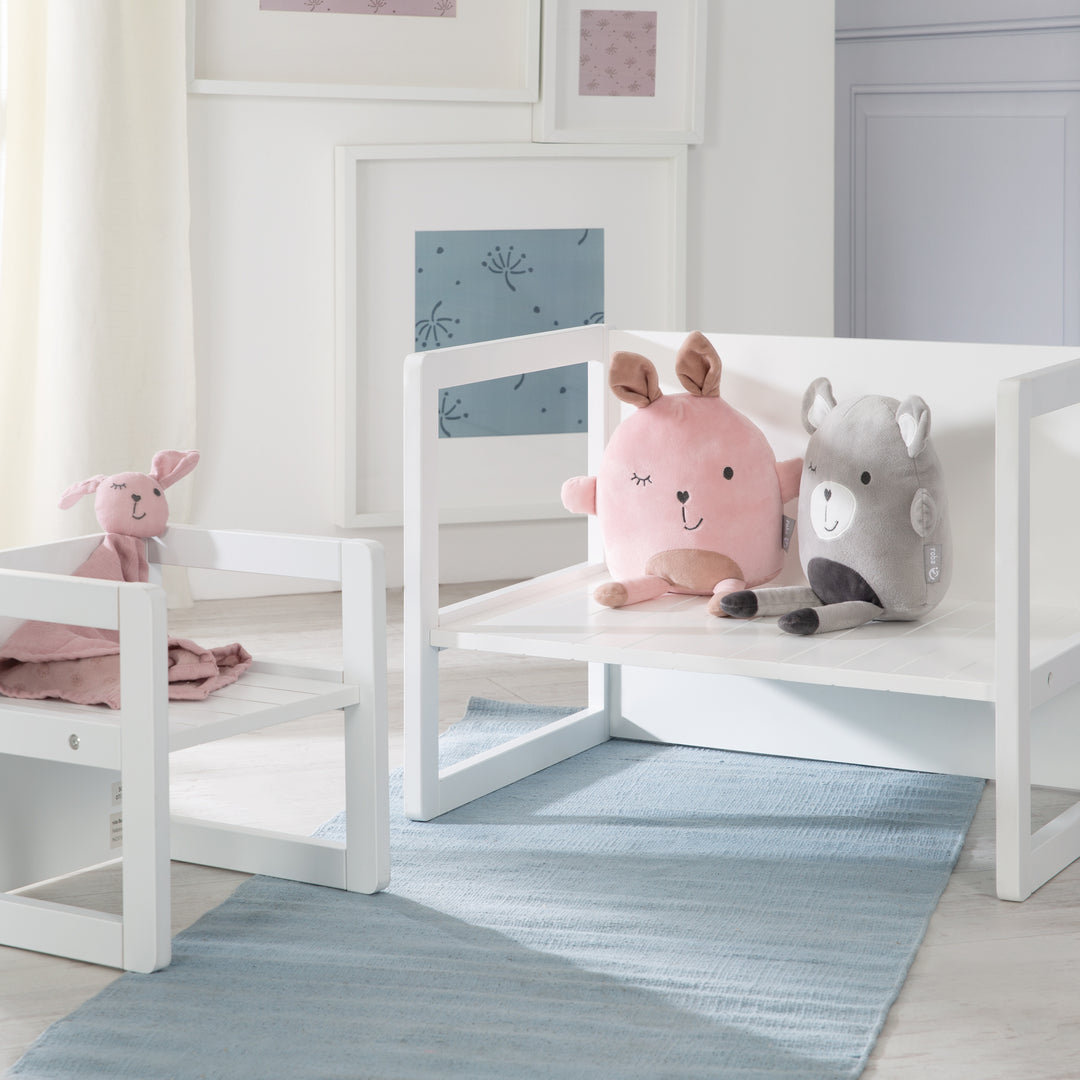Set tavolo e sedie in stile country per bambini, 2 sgabello & una per tavolo umwandelbarer panca per bambini, bianco – Foto d'ambiente (9/14)