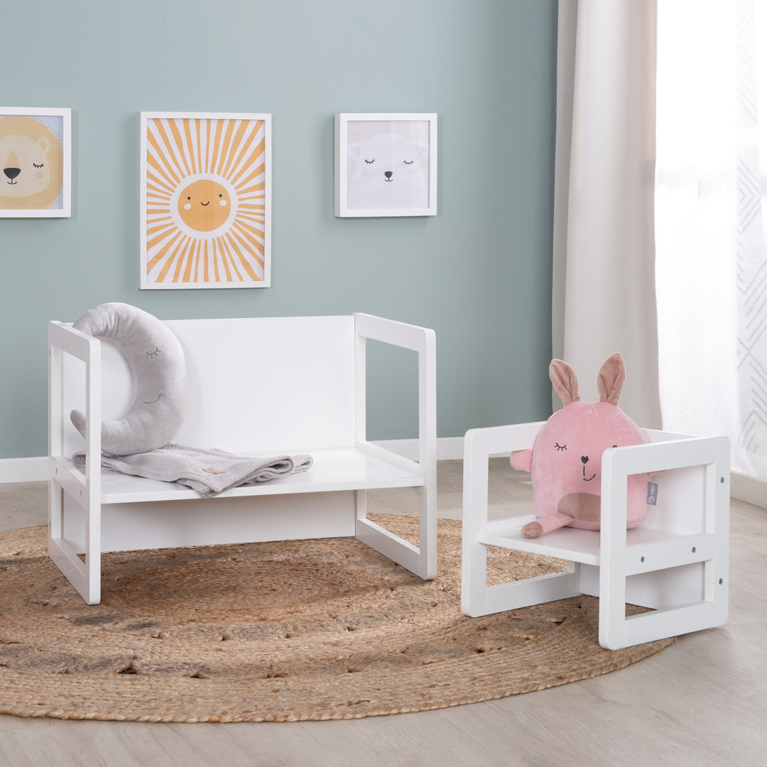 Set tavolo e sedie per bambini 3in1 - Sgabello reversibile & tavolo - A panca per bambini trasformabile - Bianco – Foto d'ambiente (2/17)