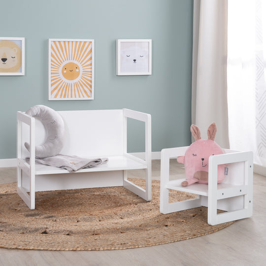Set tavolo e sedie per bambini 3in1 - Sgabello reversibile & tavolo - A panca per bambini trasformabile - Bianco – Foto d'ambiente (2/17)