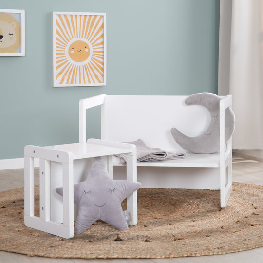 Set tavolo e sedie per bambini 3in1 - Sgabello reversibile & tavolo - A panca per bambini trasformabile - Bianco – Foto d'ambiente (4/17)