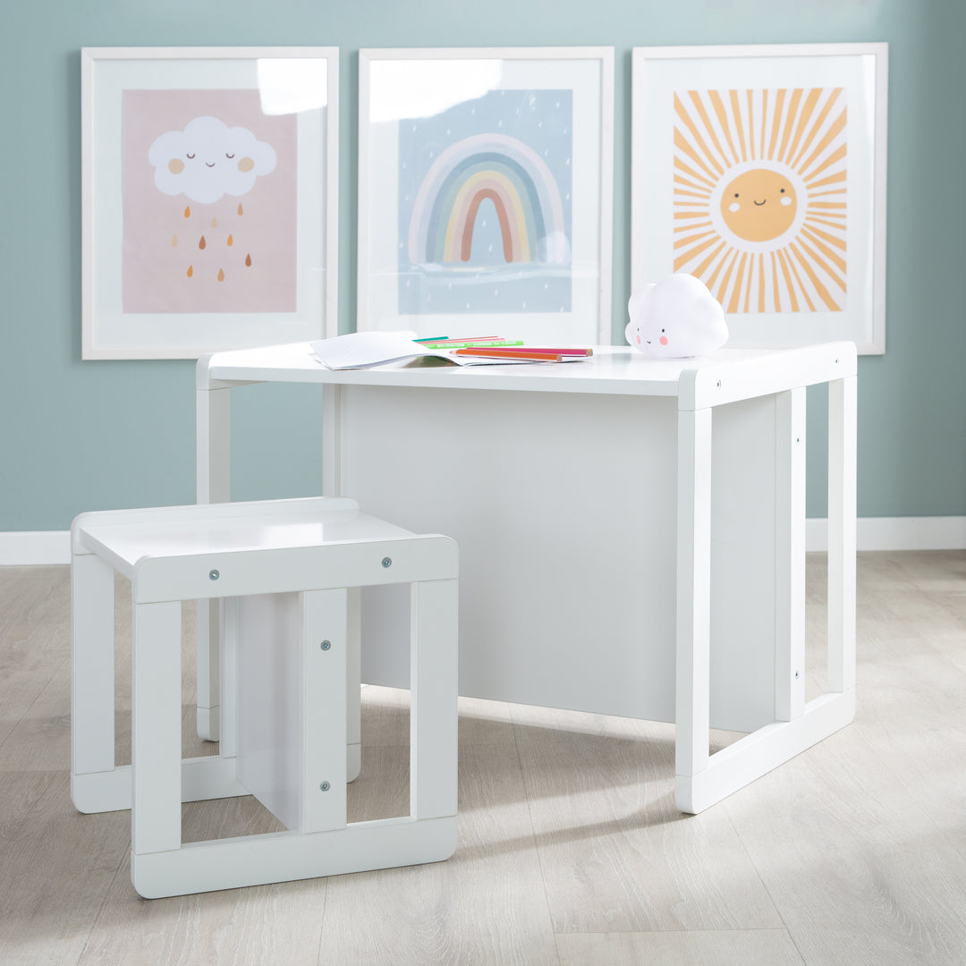 Set tavolo e sedie per bambini 3in1 - Sgabello reversibile & tavolo - A panca per bambini trasformabile - Bianco – Foto d'ambiente (7/17)