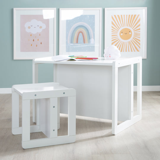 Set tavolo e sedie per bambini 3in1 - Sgabello reversibile & tavolo - A panca per bambini trasformabile - Bianco – Foto d'ambiente (7/17)