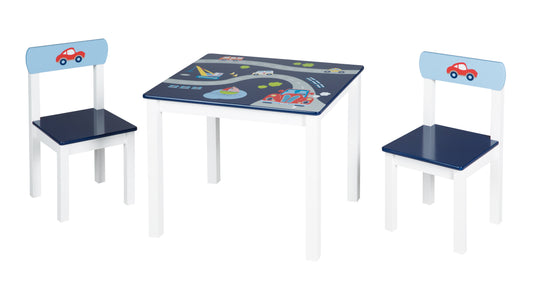 Kindersitzgruppe 'Rennfahrer', 2 Kinderstühle & 1 Tisch, mit Fahrzeug-Motiven in blau – Produktbild (1/5)