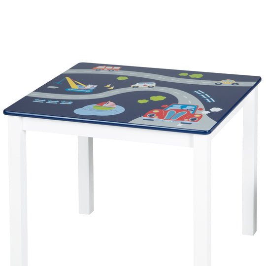Kindersitzgruppe 'Rennfahrer', 2 Kinderstühle & 1 Tisch, mit Fahrzeug-Motiven in blau – Produktbild (3/5)