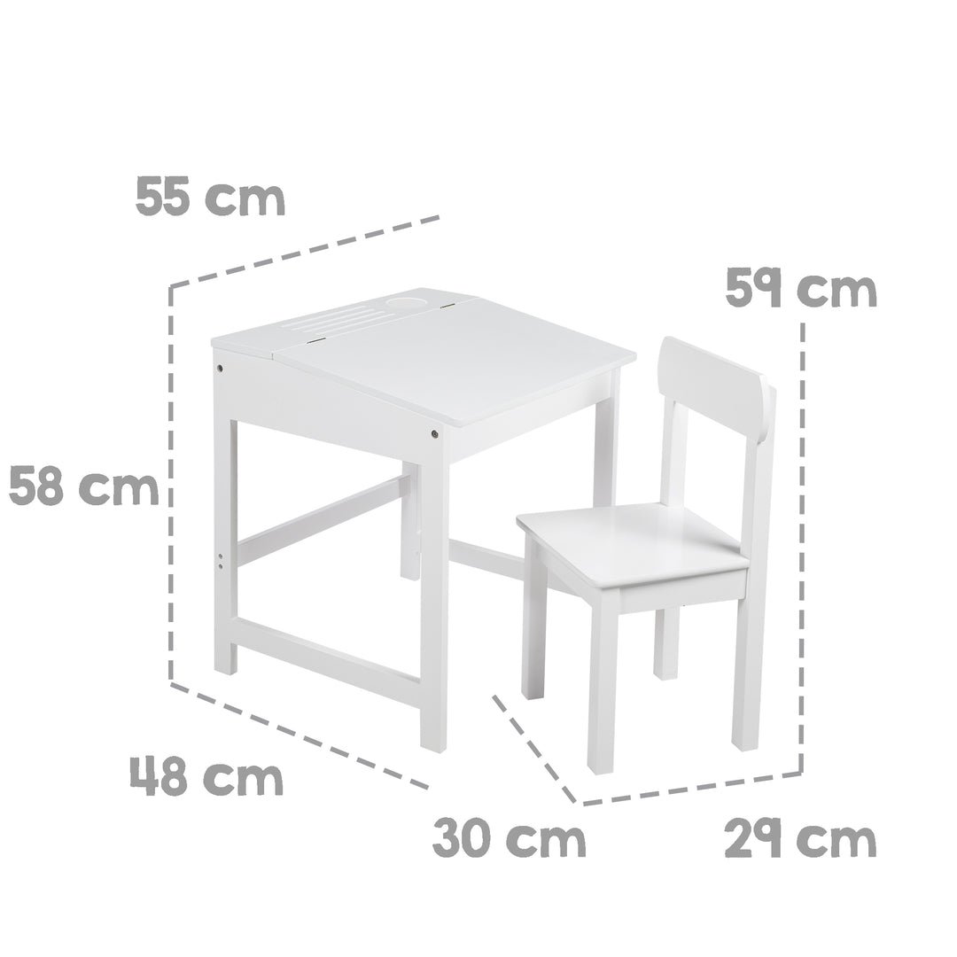 Pupitre escolar con silla, abatible tablero de mesa con bisagras amortiguadas, ranurado ranuras de almacenaje – Infografía (10/14)