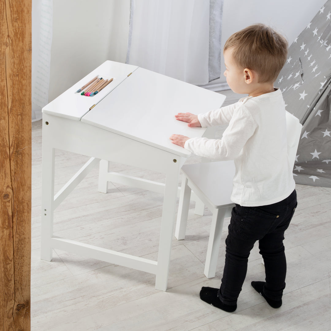 Pupitre escolar con silla, abatible tablero de mesa con bisagras amortiguadas, ranurado ranuras de almacenaje – Foto del producto (2/14)