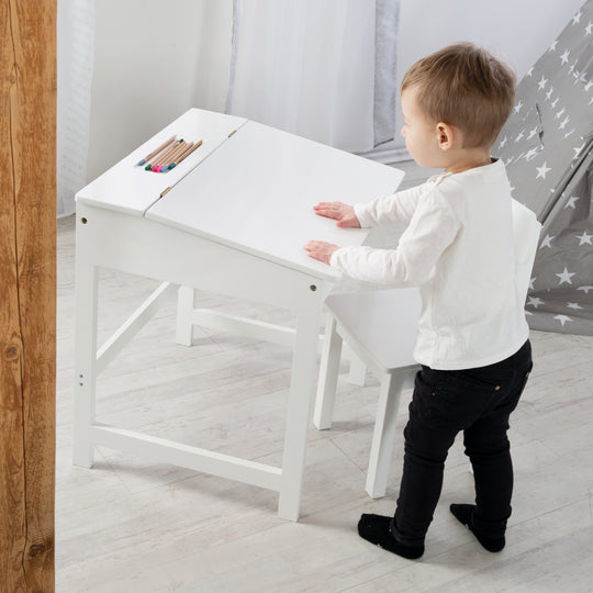 Pupitre escolar con silla, abatible tablero de mesa con bisagras amortiguadas, ranurado ranuras de almacenaje – Foto del producto (2/14)