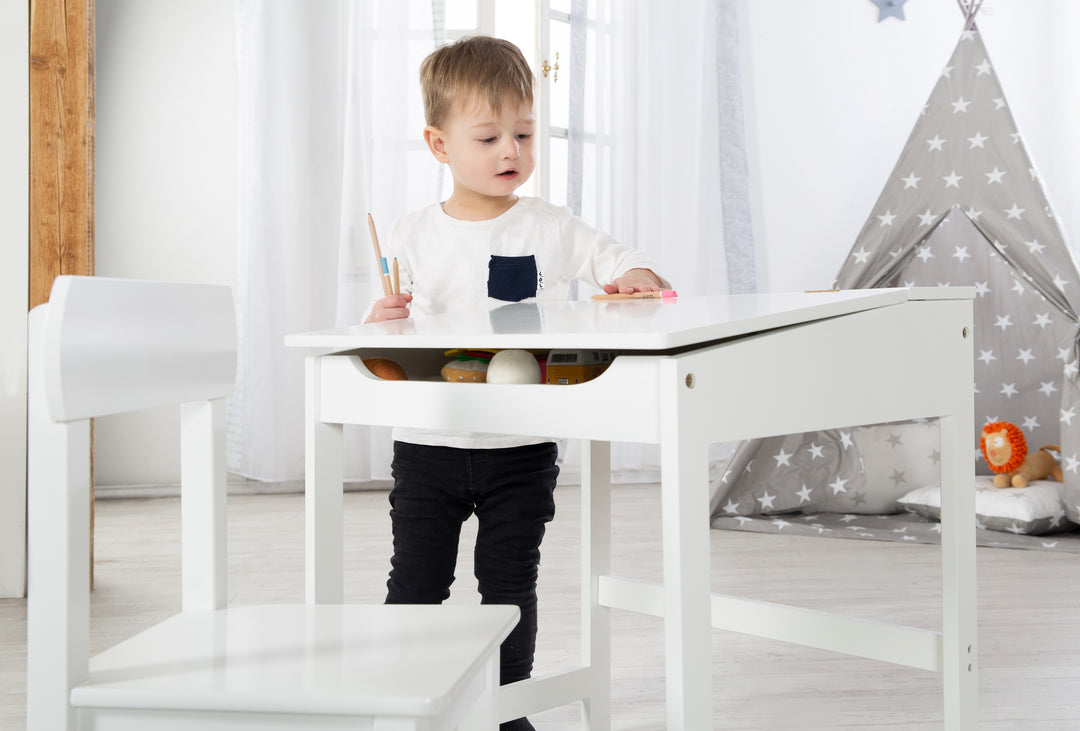 Pupitre escolar con silla, abatible tablero de mesa con bisagras amortiguadas, ranurado ranuras de almacenaje – Foto especial (13/14)