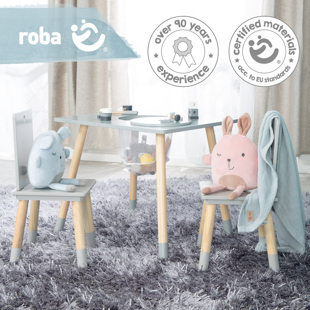 Set de mesa y sillas infantil, set de sillas y mesa, madera gris lacado, incl. red de almacenaje – Foto ambientada (4/9)