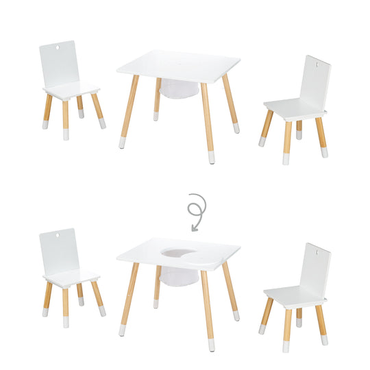 Set de mesa y sillas infantil, set de sillas & mesa, madera blanco lacado, incl. red de almacenaje – Infografía (7/8)