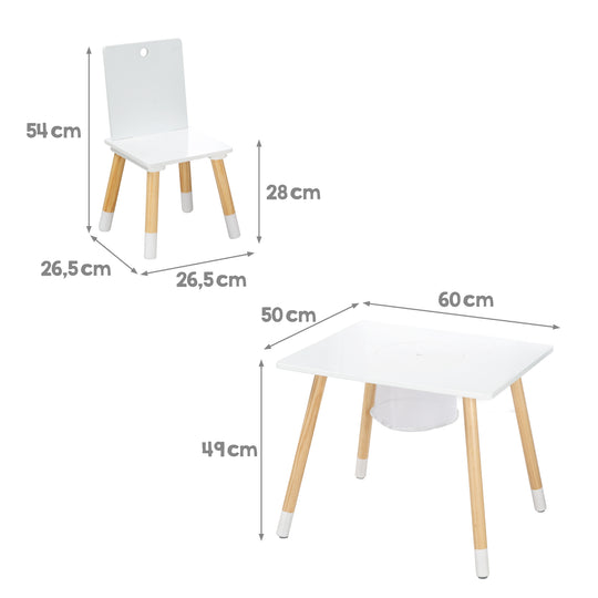Set de mesa y sillas infantil, set de sillas & mesa, madera blanco lacado, incl. red de almacenaje – Infografía (3/8)