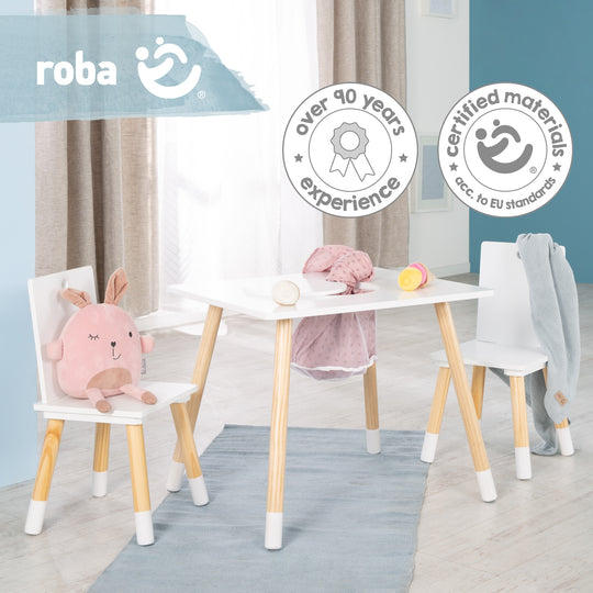 Set de mesa y sillas infantil, set de sillas & mesa, madera blanco lacado, incl. red de almacenaje – Foto ambientada (6/8)
