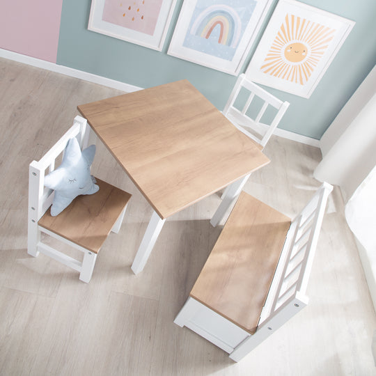 Set de mesa y sillas infantil 'Woody' - 2 Sillas & 1 mesa - Blanco lacado - Decorado en madera – Foto ambientada (9/20)