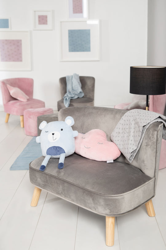 Children's Sofa 'Lil Sofa' - Comfortable Children's Couch with Sturdy Wooden Feet - Velvet Fabric Grey – Lifestyle Image (7/8)