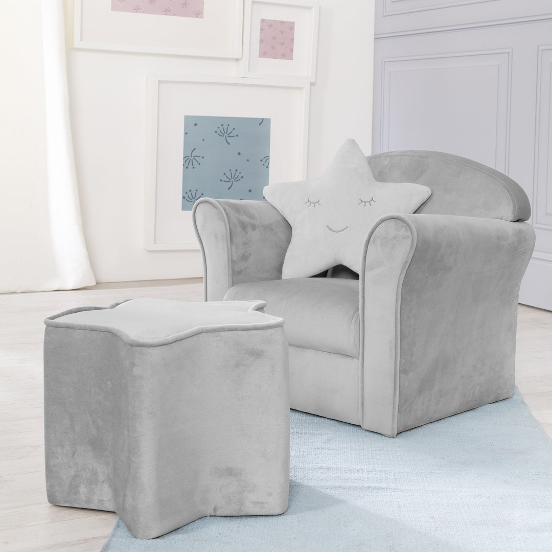 Children's Armchair 'Lil Sofa' with Armrests, Comfortable Mini Armchair with Silver Grey Velvet Fabric Covered – Lifestyle Image (3/9)