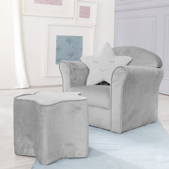 Children's Armchair 'Lil Sofa' with Armrests, Comfortable Mini Armchair with Silver Grey Velvet Fabric Covered – Lifestyle Image (3/9)