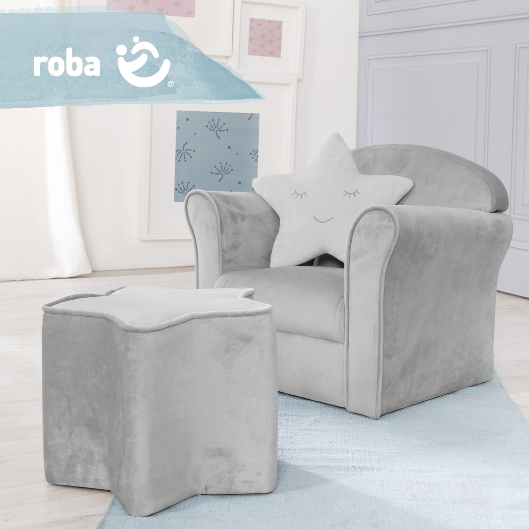 Children's Armchair 'Lil Sofa' with Armrests, Comfortable Mini Armchair with Silver Grey Velvet Fabric Covered – Lifestyle Image (7/9)