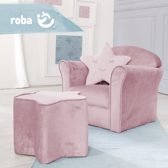 Poltrona per bambini 'Lil Sofa' con braccioli, comodo mini poltrona con rosa tessuto in velluto rivestito – Foto d'ambiente (6/10)