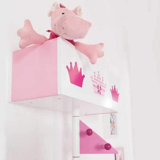 Children's Coat Rack 'Crown' Made of Wood - 9 Hooks and 2 Compartments - Pink Lacquered / Printed – Lifestyle Image (2/6)