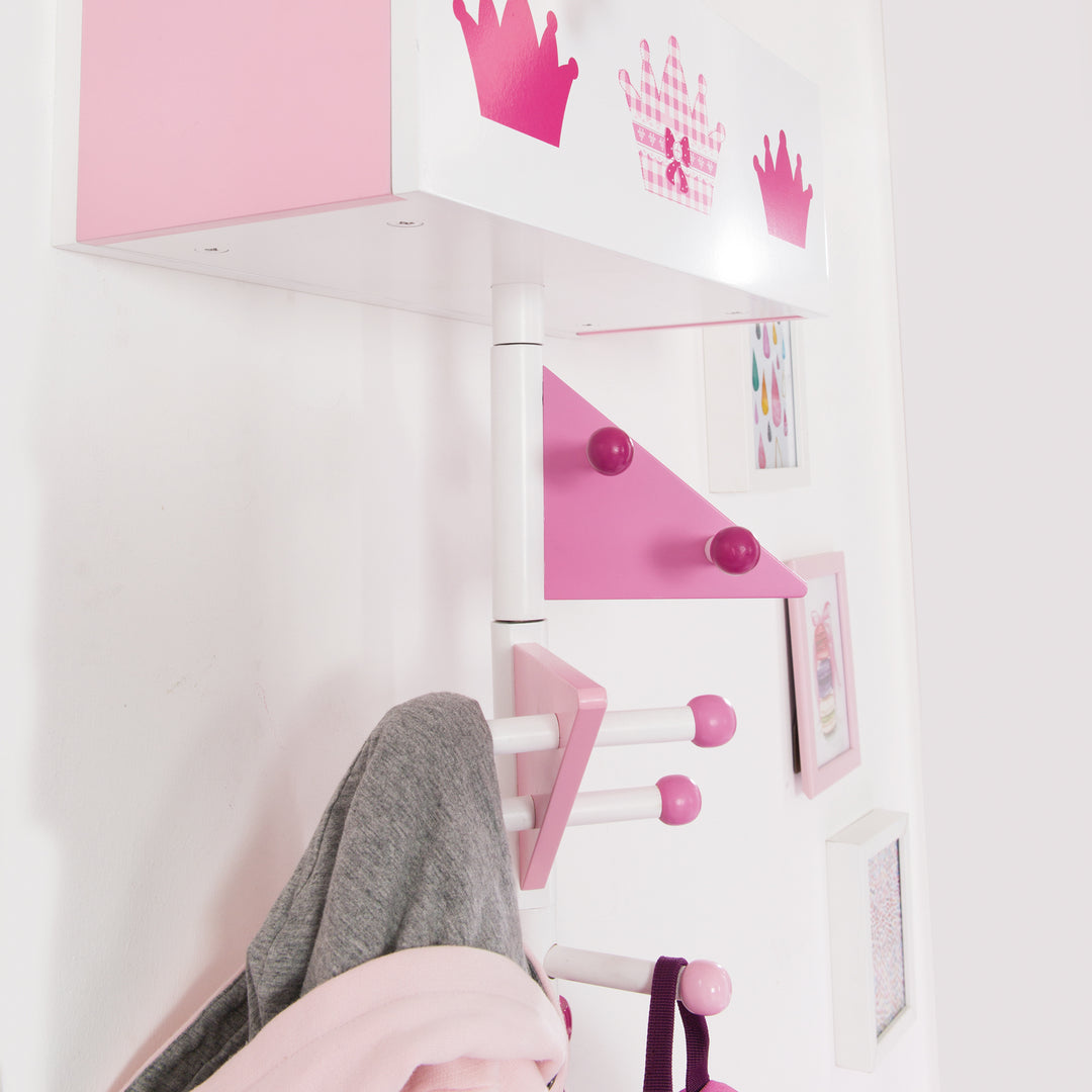 Children's Coat Rack 'Crown' Made of Wood - 9 Hooks and 2 Compartments - Pink Lacquered / Printed – Lifestyle Image (5/6)