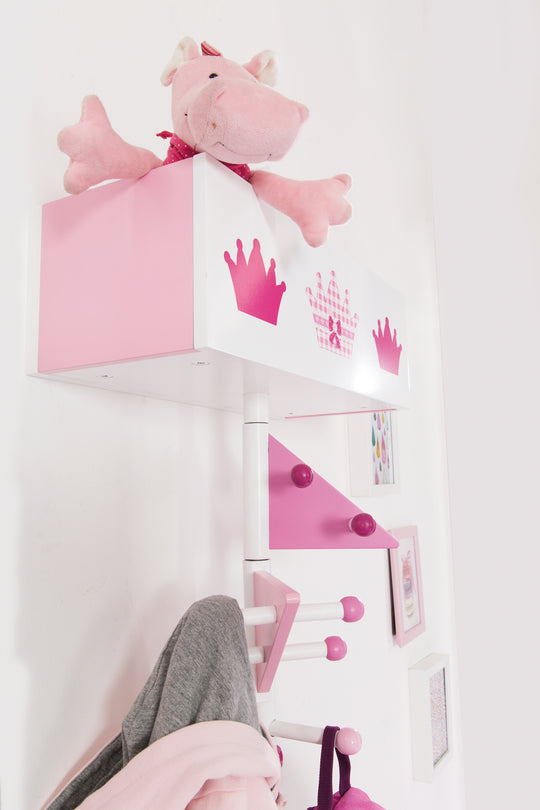 Children's Coat Rack 'Crown' Made of Wood - 9 Hooks and 2 Compartments - Pink Lacquered / Printed – Special Image (6/6)