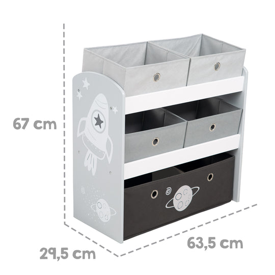 Scaffale per giochi 'Rakete', scaffale portagiochi, 5 scatole in tessuto, scaffale portaoggetti, per bambini e bambine – Infografica (4/5)