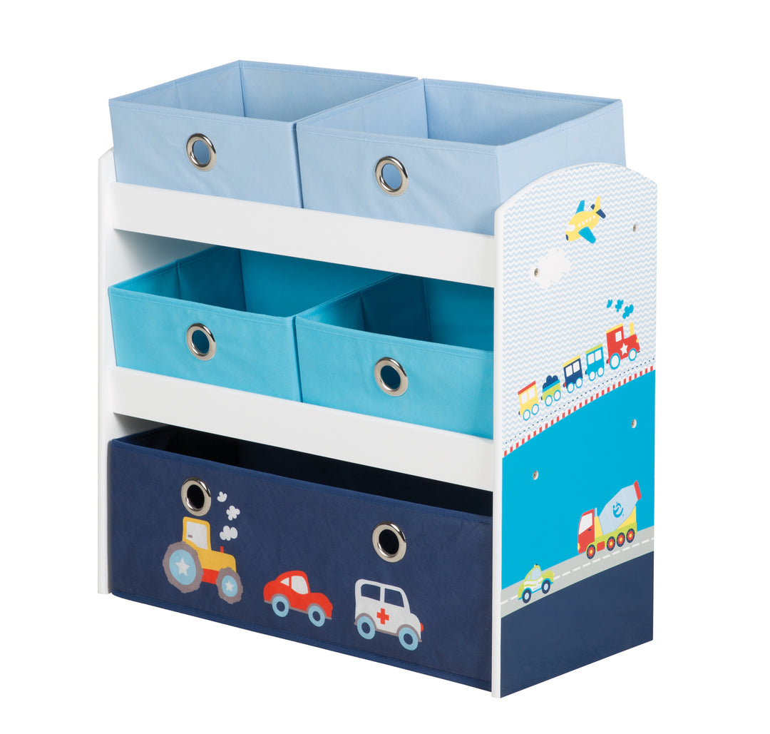 Spielregal 'Rennfahrer', Spielzeug- & Aufbewahrungs-Regal, inkl. 5 Stoffboxen, Auto blau – Produktbild (1/4)