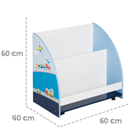 Kinderregal 'Rennfahrer', Spielregal fahrbar & drehbar mit Rollen, blau – Infografik (3/6)
