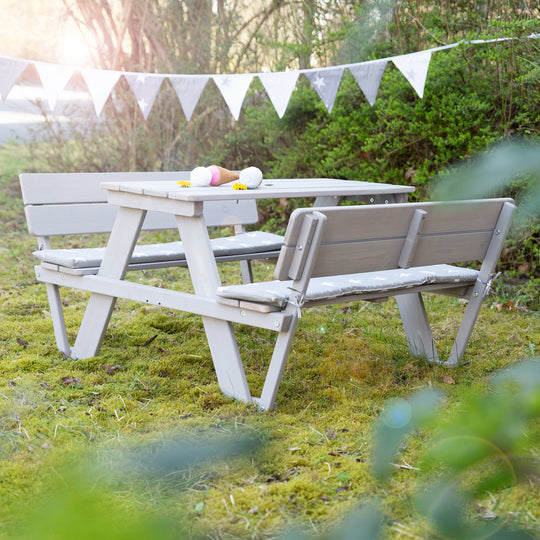 Children's Seating Set 'Outdoor+', with Backrests 'Picknick for 4', Weatherproof Made of Solid Wood, Grey – Lifestyle Image (2/12)
