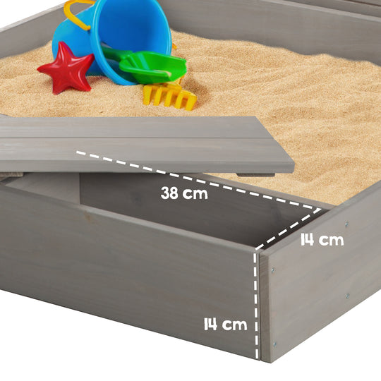 Sandbox with Lid, Foldable with Board & 3 Hooks, Solid Wood Grey Glazed – Infographic (5/8)