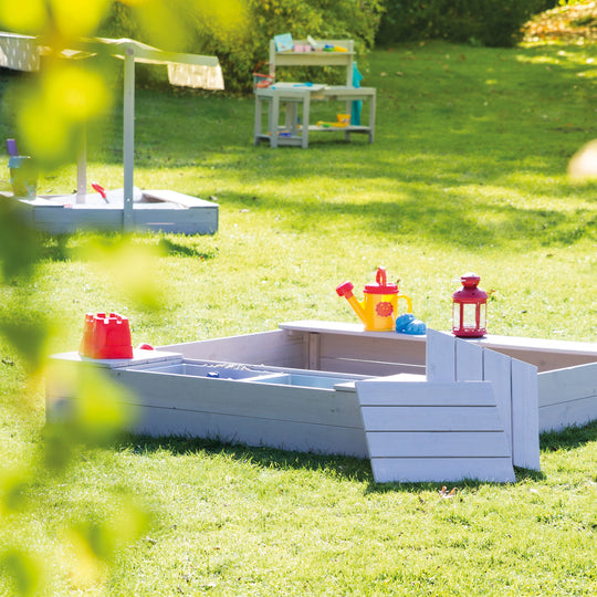 Sandbox 'Outdoor +' with 2 Play Tubs, Wooden Sandbox Made of Weatherproof Solid Wood, Grey Glazed – Lifestyle Image (6/11)