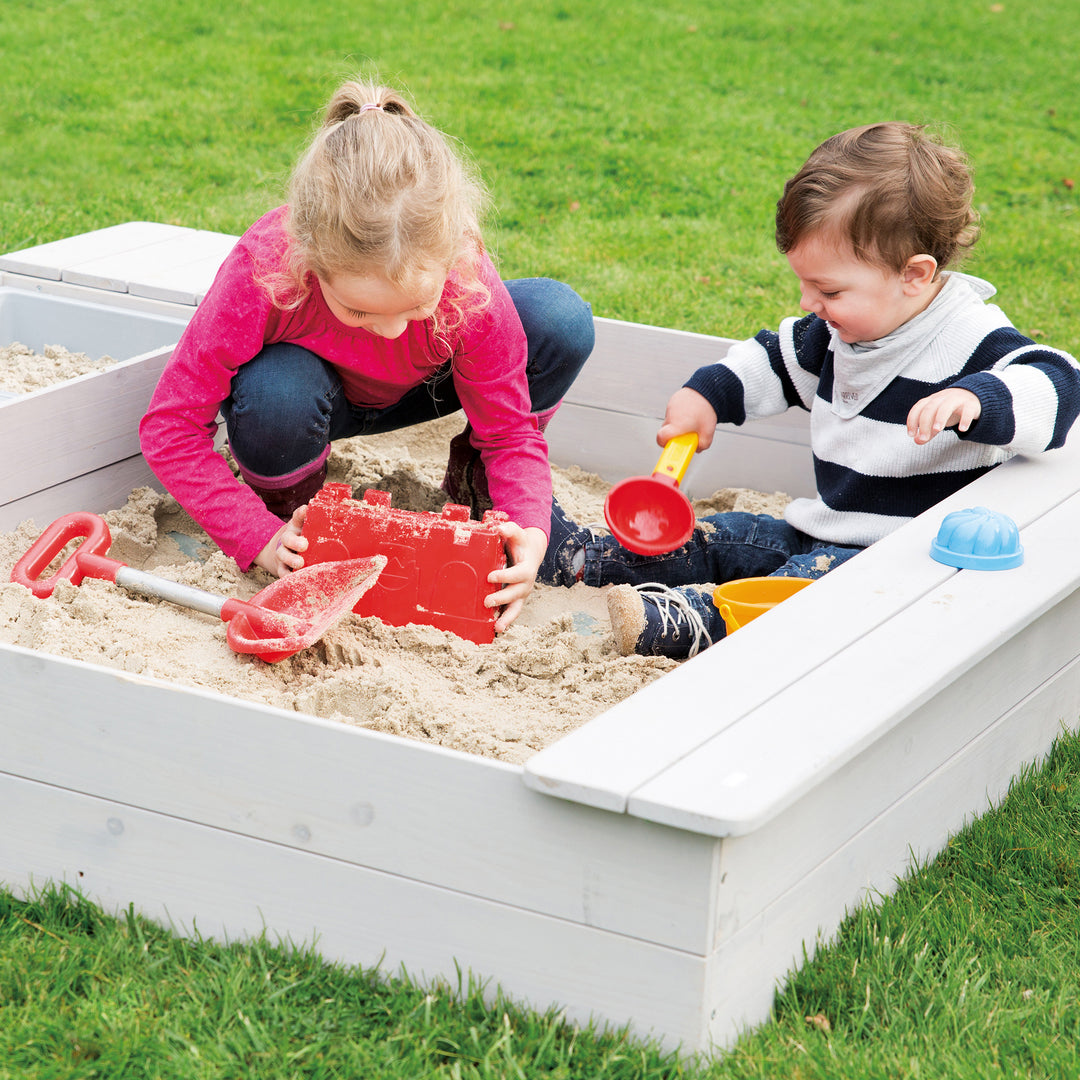 Sandbox 'Outdoor +' with 2 Play Tubs, Wooden Sandbox Made of Weatherproof Solid Wood, Grey Glazed – Lifestyle Image (2/11)
