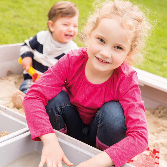 Sandbox 'Outdoor +' with 2 Play Tubs, Wooden Sandbox Made of Weatherproof Solid Wood, Grey Glazed – Lifestyle Image (7/11)