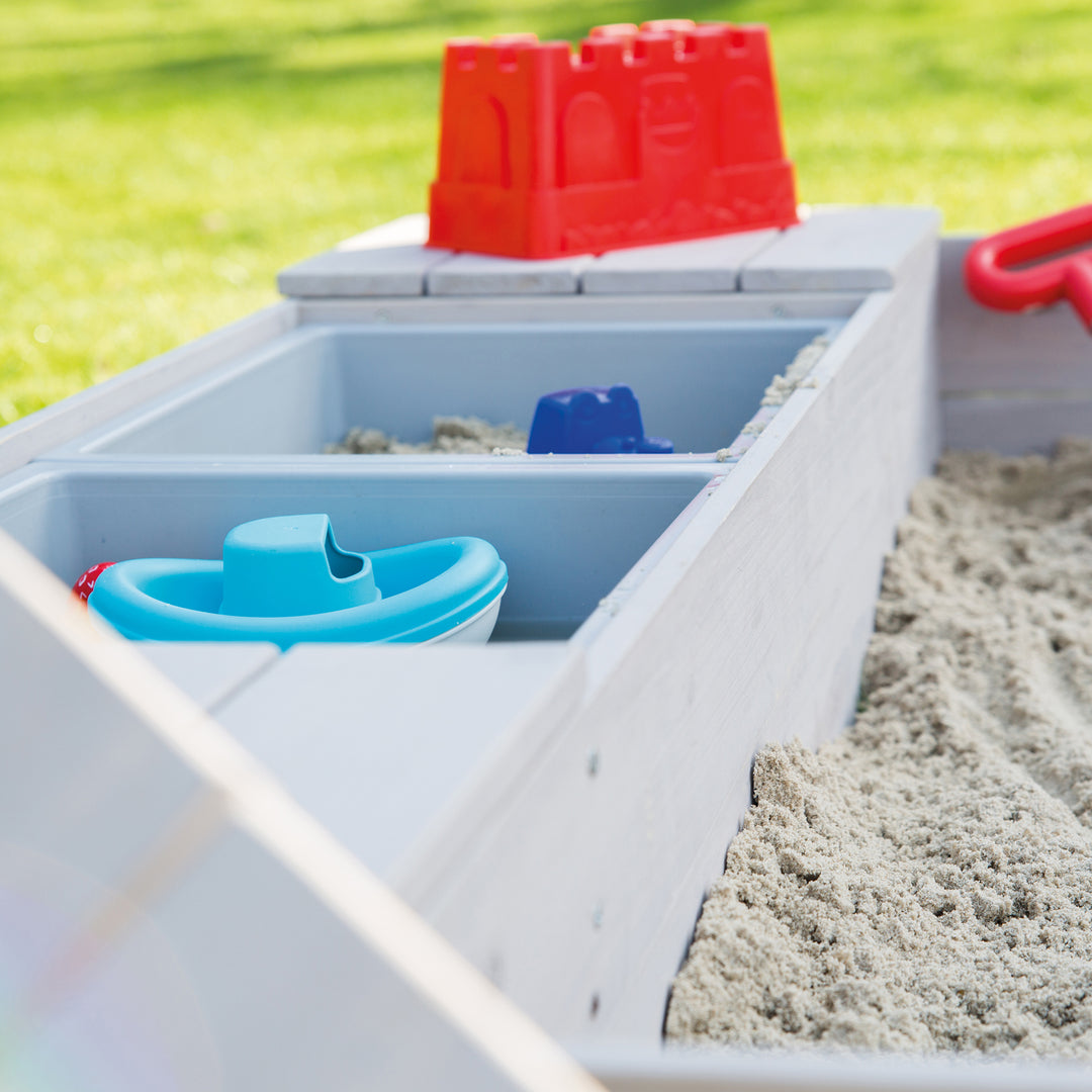 Sandbox 'Outdoor +' with 2 Play Tubs, Wooden Sandbox Made of Weatherproof Solid Wood, Grey Glazed – Detail Image (8/11)