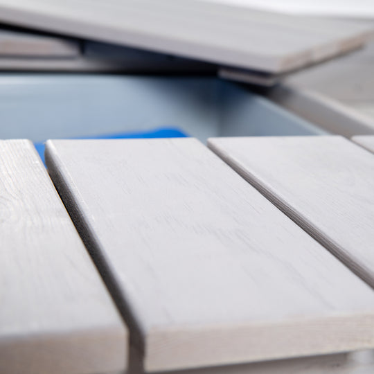 Sandbox 'Outdoor +' with 2 Play Tubs, Wooden Sandbox Made of Weatherproof Solid Wood, Grey Glazed – Detail Image (10/11)
