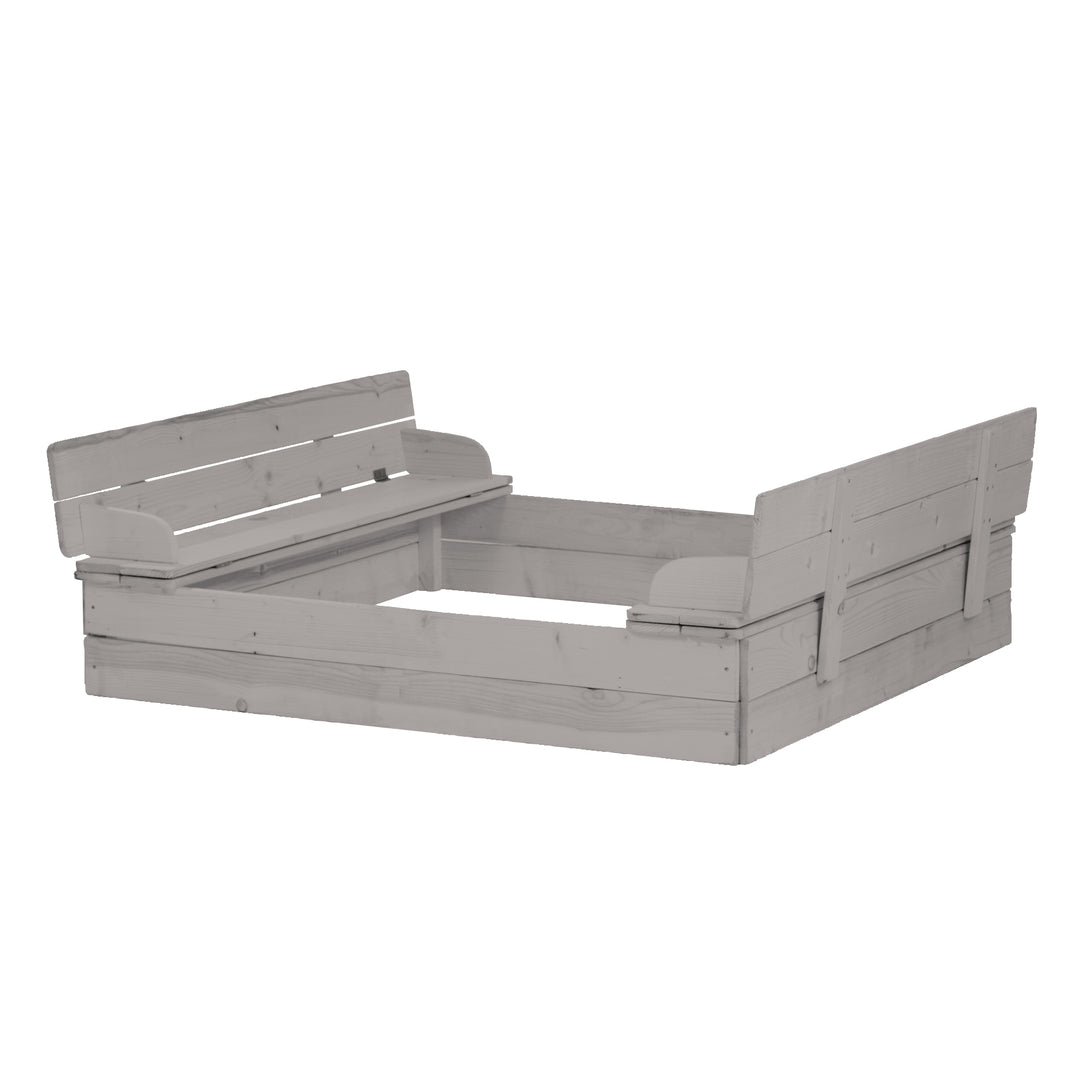 Sandkasten mit Deckel aufklappbar zu 2 Bänken, Massivholz, wetterfest, grau, 21,5 x 127 x 123,5 cm – Produktbild (1/6)