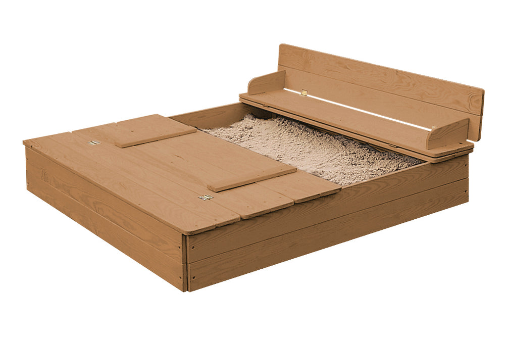 Sandkasten aufklappbar zu 2 Bänken, Massivholz, wetterfest, teakholzfarben, 21,5 x 127 x 123,5 cm – Produktbild (2/6)