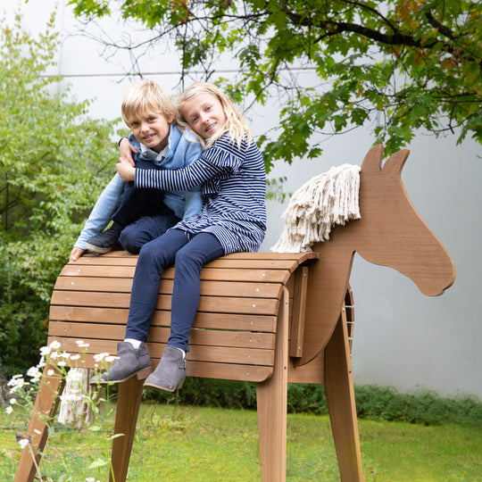 Cheval de voltige et à bascule d'extérieur, bois massif couleur teck, cheval à bascule de jardin avec mäne & queue – Photo d'ambiance (2/7)