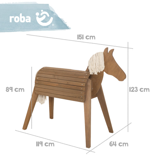 Cheval de voltige et à bascule d'extérieur, bois massif couleur teck, cheval à bascule de jardin avec mäne & queue – Infographie (5/7)