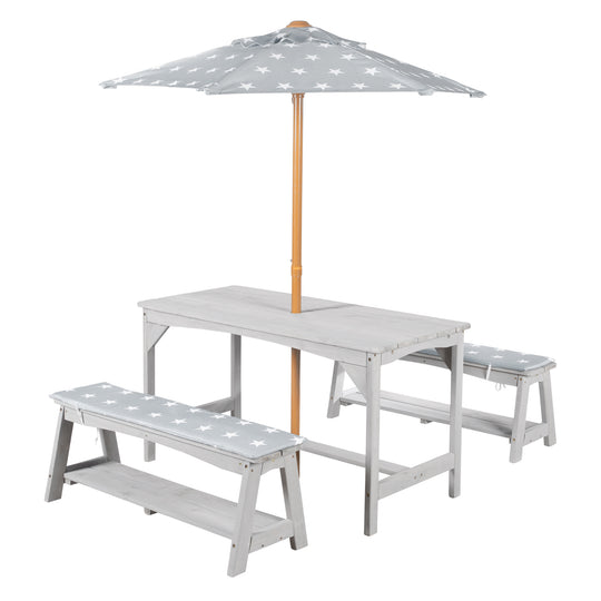 Set de mesa y sillas outdoor+ 1 mesa, 2 bancos, sombrilla & cojines de asiento 'Little Stars' - Gris – Recorte (1/16)