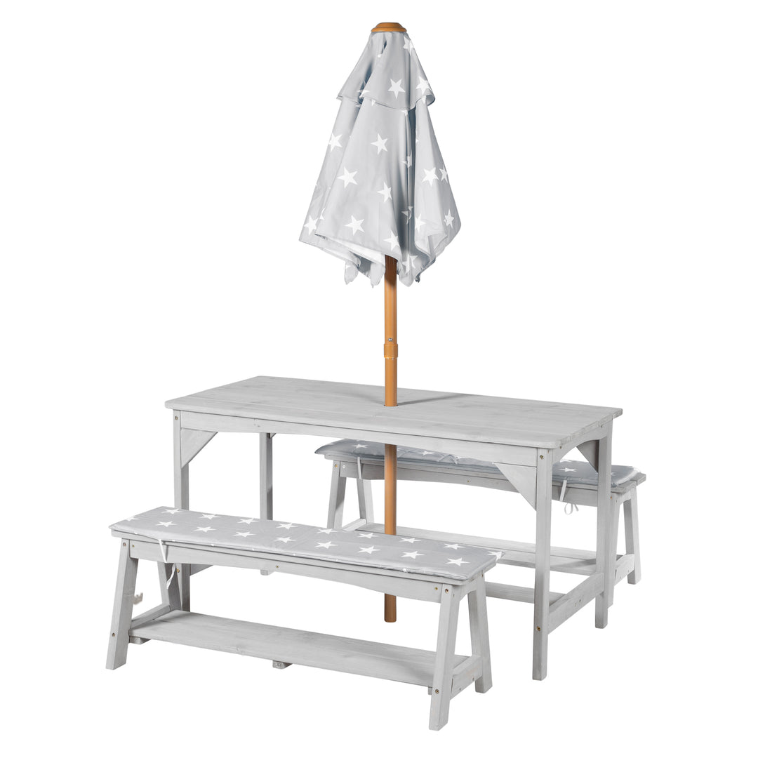 Set de mesa y sillas outdoor+ 1 mesa, 2 bancos, sombrilla & cojines de asiento 'Little Stars' - Gris – Recorte (7/16)