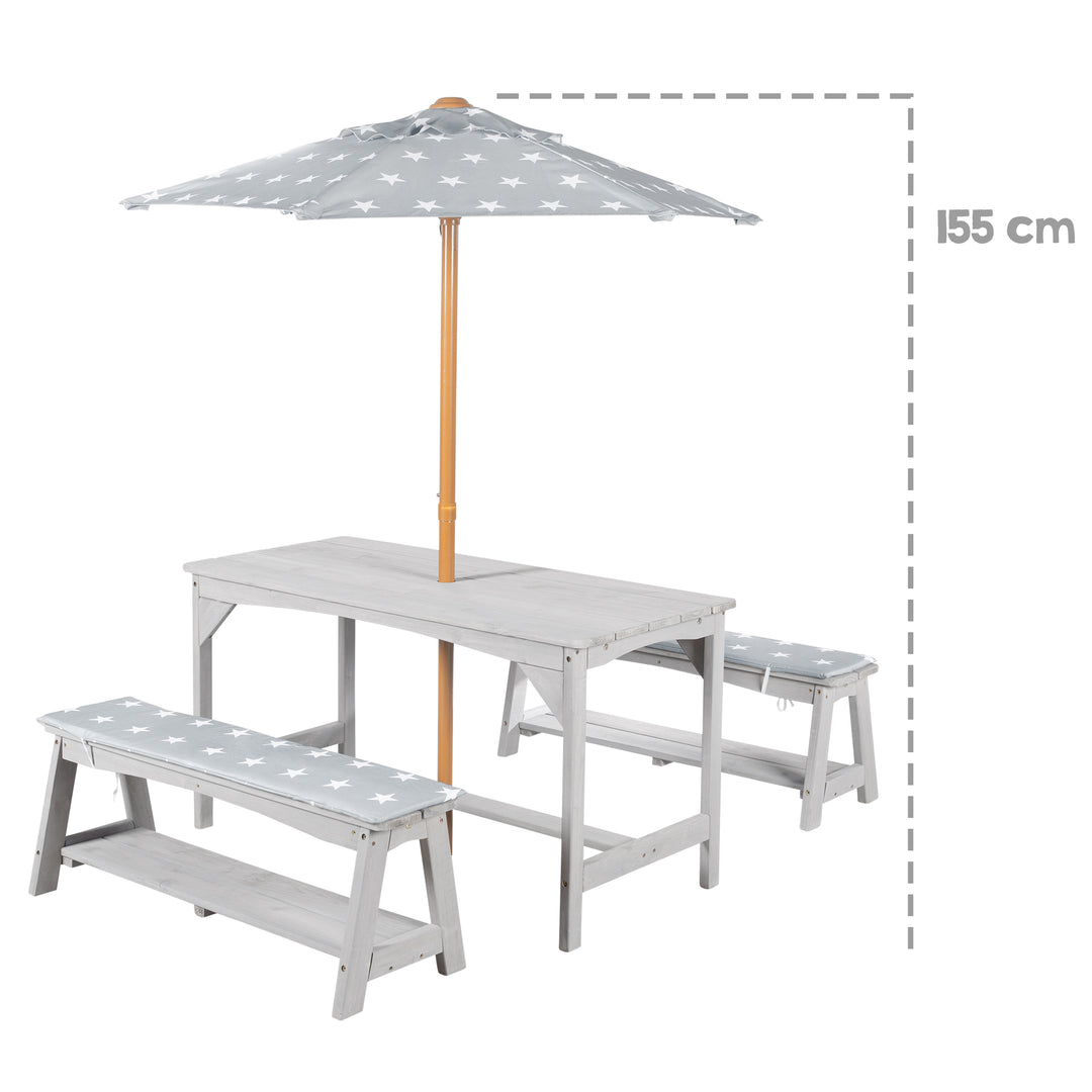 Set de mesa y sillas outdoor+ 1 mesa, 2 bancos, sombrilla & cojines de asiento 'Little Stars' - Gris – Infografía (12/16)